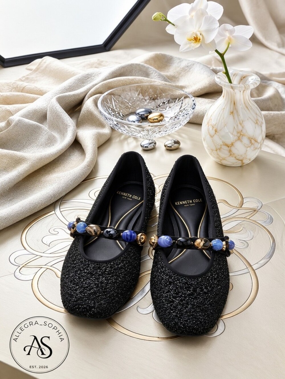 NWOB Kenneth Cole NY Zeta Stones Black Jeweled Strap Mary Jane Ballet Flats 7.5